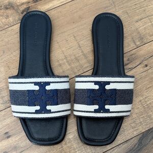 Tory Burch Striped Navy and White Slides